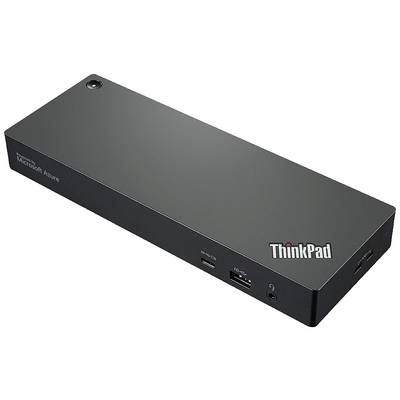 Station d'accueil ThinkPad noire avec plusieurs ports USB, un port LAN et un interrupteur d'alimentation, utilisée pour étendre la connectivité des ordinateurs portables.
