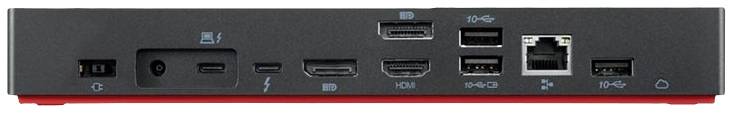 Arrière d'un appareil électronique avec différents ports : alimentation, USB-C, deux ports HDMI, DisplayPort, Ethernet et ports USB-A.