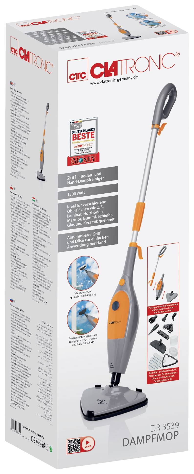 Emballage d'un balai vapeur Clatronic. Le balai vapeur est gris avec des accents orange. Les fonctions et les accessoires sont représentés sur l'emballage.