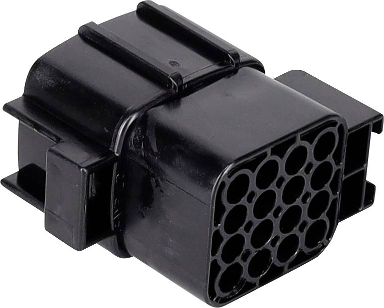 Un connecteur électrique automobile noir à 16 broches, avec un boîtier rectangulaire et plusieurs ouvertures circulaires pour les bornes, utilisé pour le câblage de véhicules.