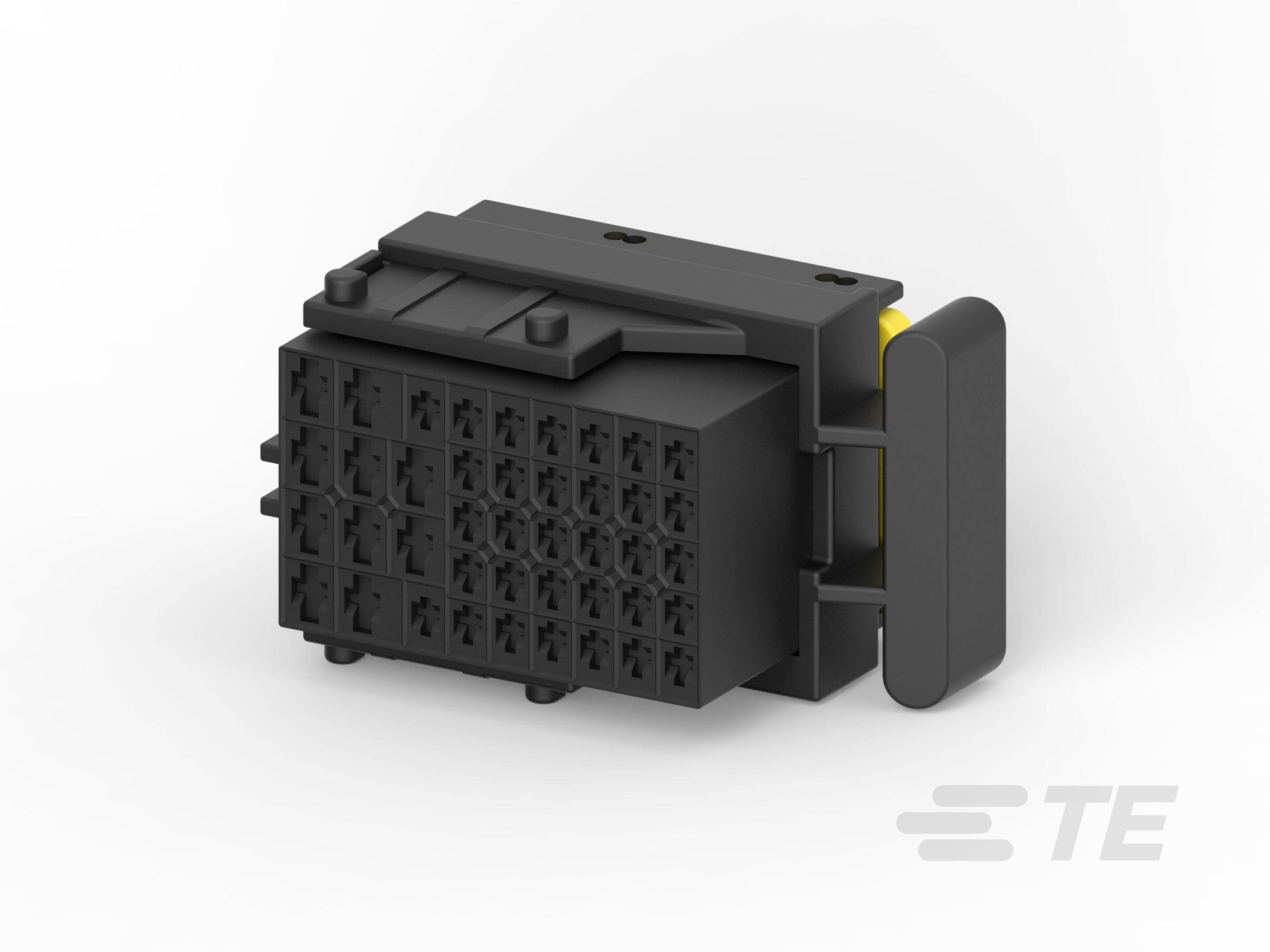 Une prise électrique noire avec plusieurs ports est représentée, posée sur le côté sur une surface blanche.