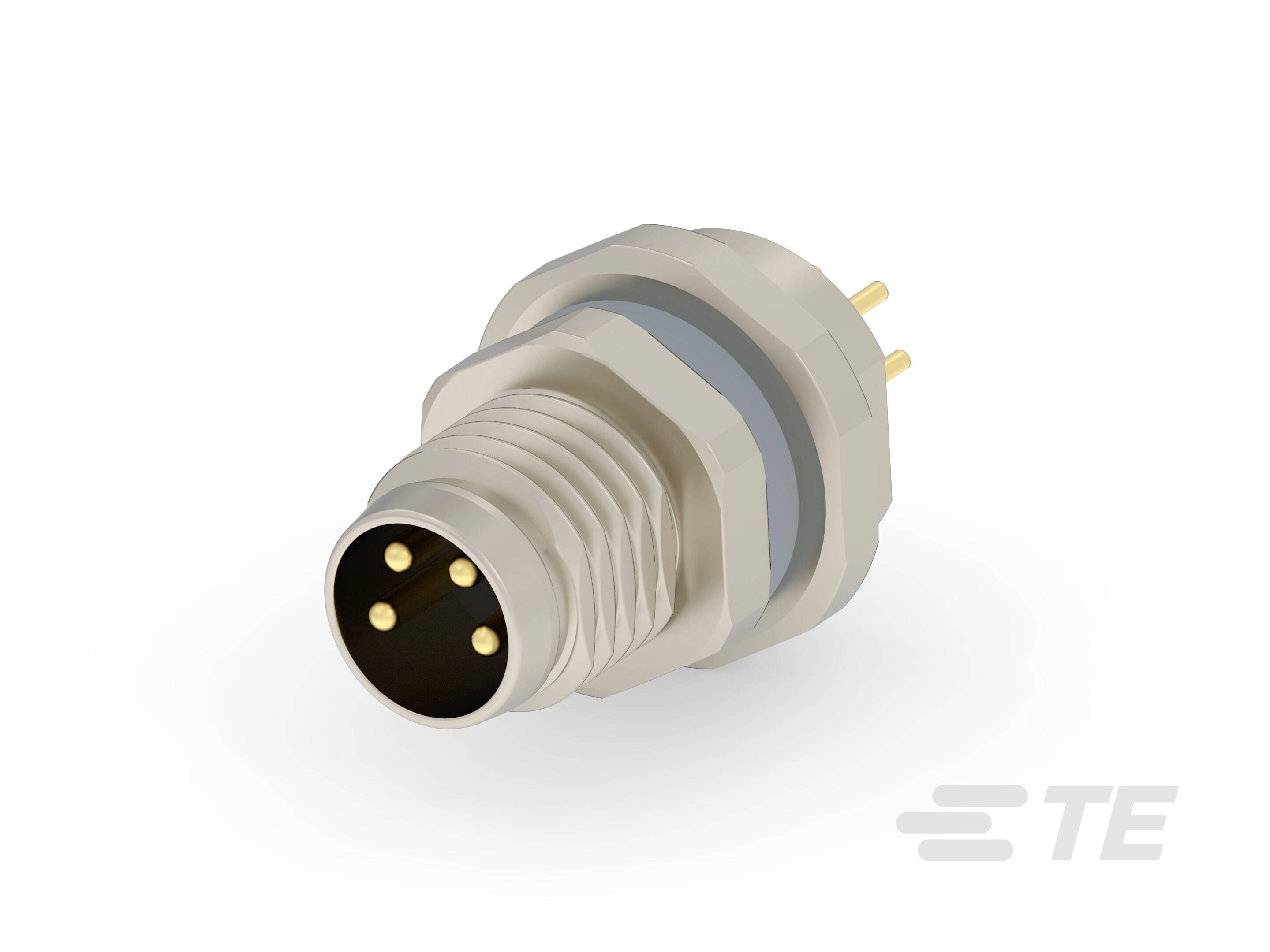 Connecteur avec boîtier métallique rond et trois broches dorées, adapté aux applications industrielles. Logo de la marque visible sur le côté.