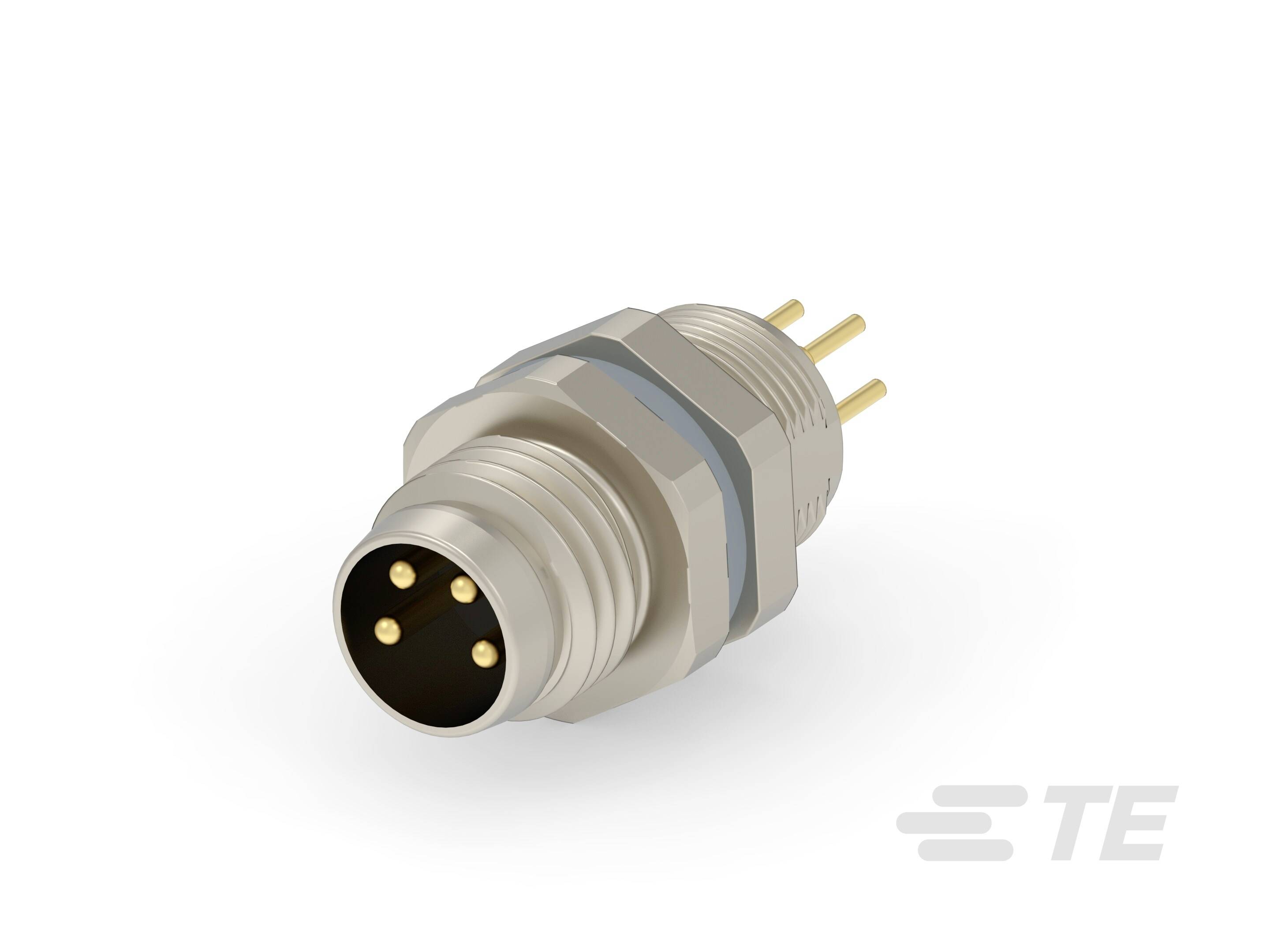Connecteur métallique, forme cylindrique avec trois broches dorées, adapté pour les connexions électroniques ; logo de marque en bas à droite.