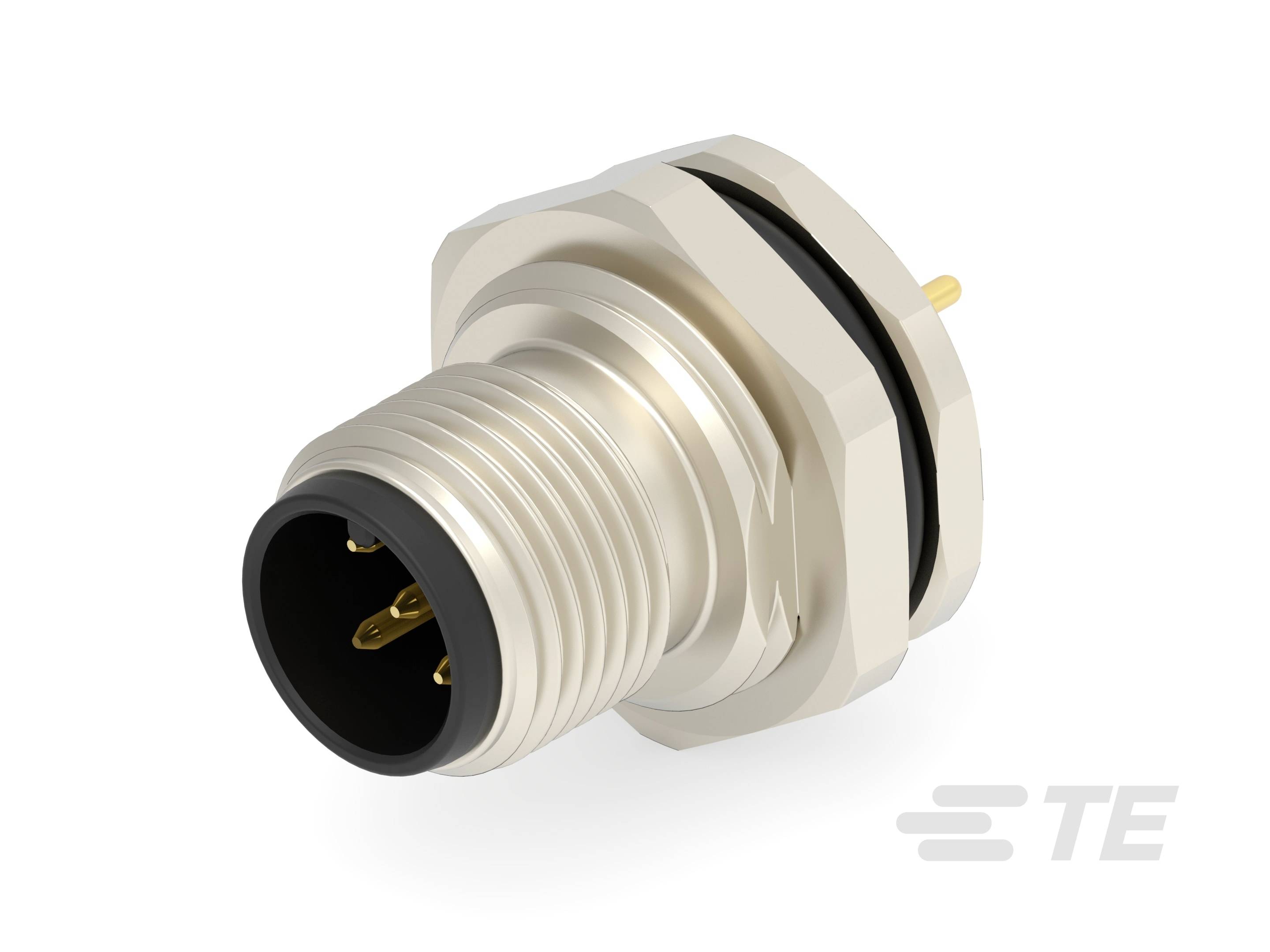 Connecteur circulaire de la série M12 avec boîtier métallique, plusieurs broches pour connexion électrique, adapté aux applications industrielles.