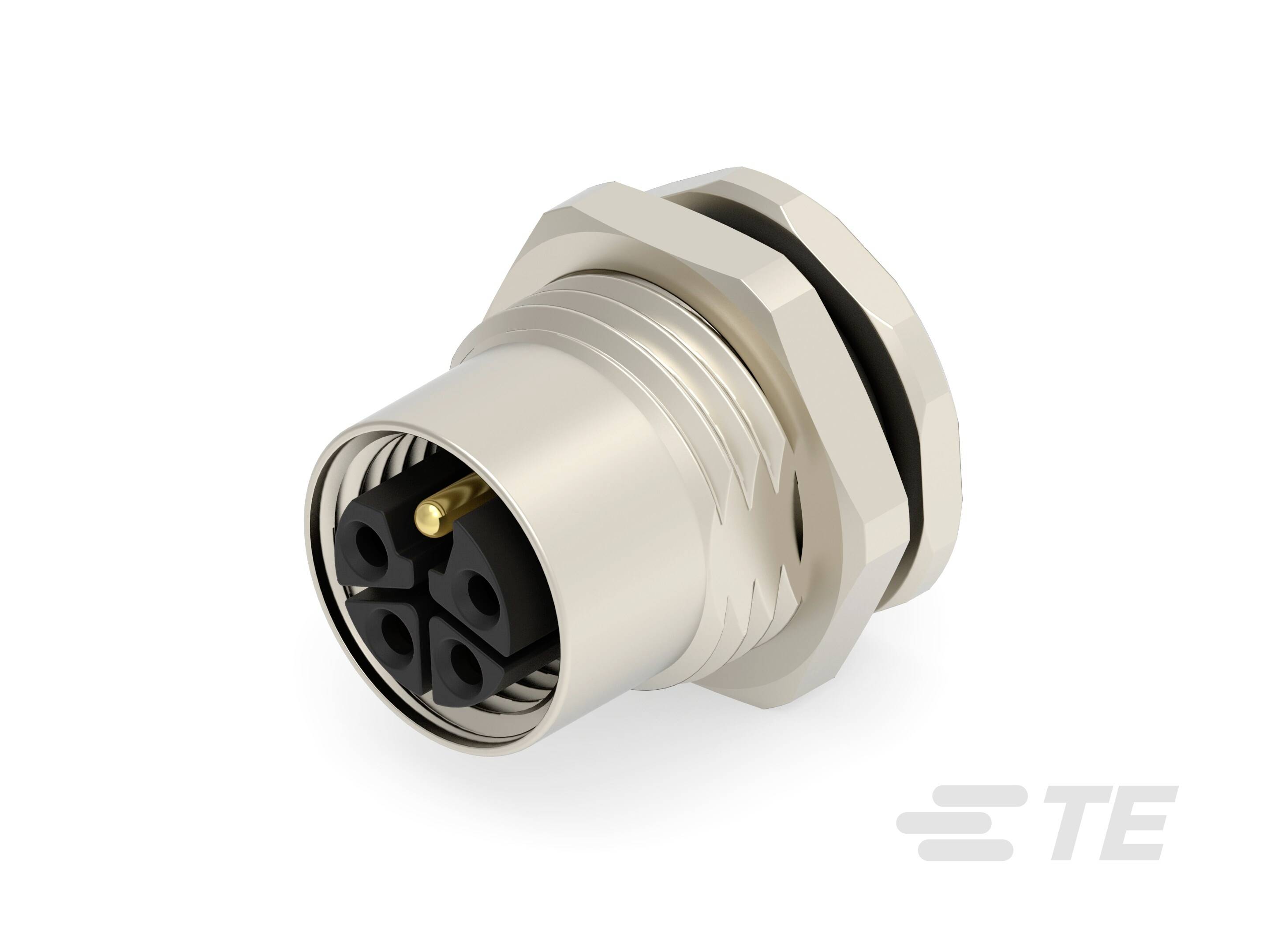 Connecteur cylindrique métallique à quatre broches visibles, adapté aux applications industrielles. Logo de marque dans le coin inférieur droit.