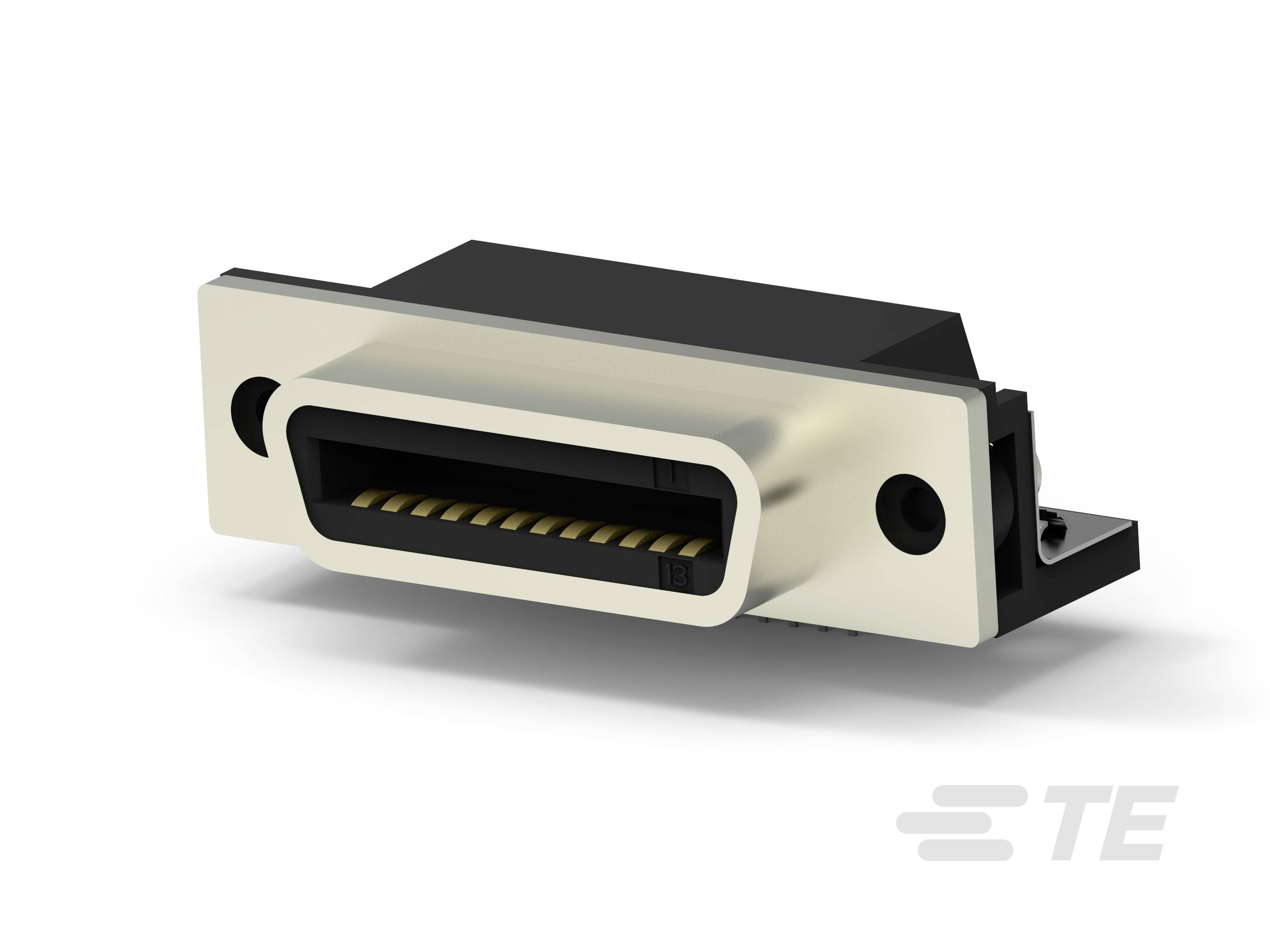 Un connecteur rectangulaire avec plusieurs broches dorées, semblable à un raccordement électrique, sur un fond blanc.
