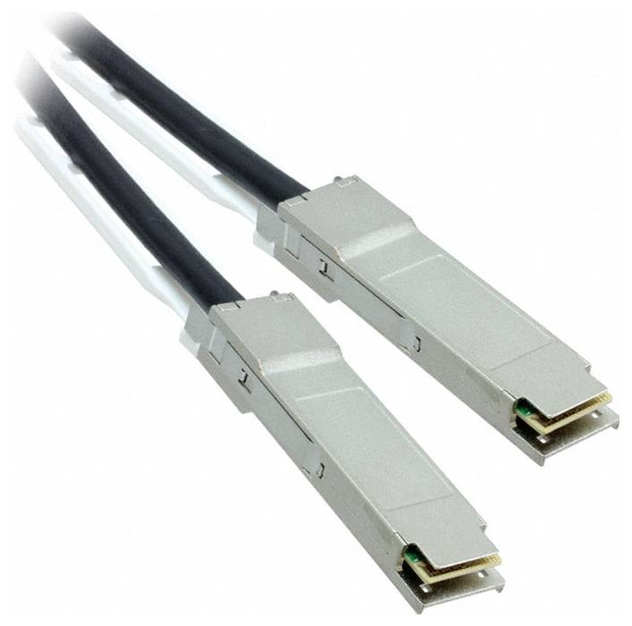 « Deux câbles en cuivre à connexion directe QSFP+ (DAC) avec connecteurs métalliques et câbles noirs, utilisés pour le transfert de données haute vitesse dans les appareils de réseau. »
