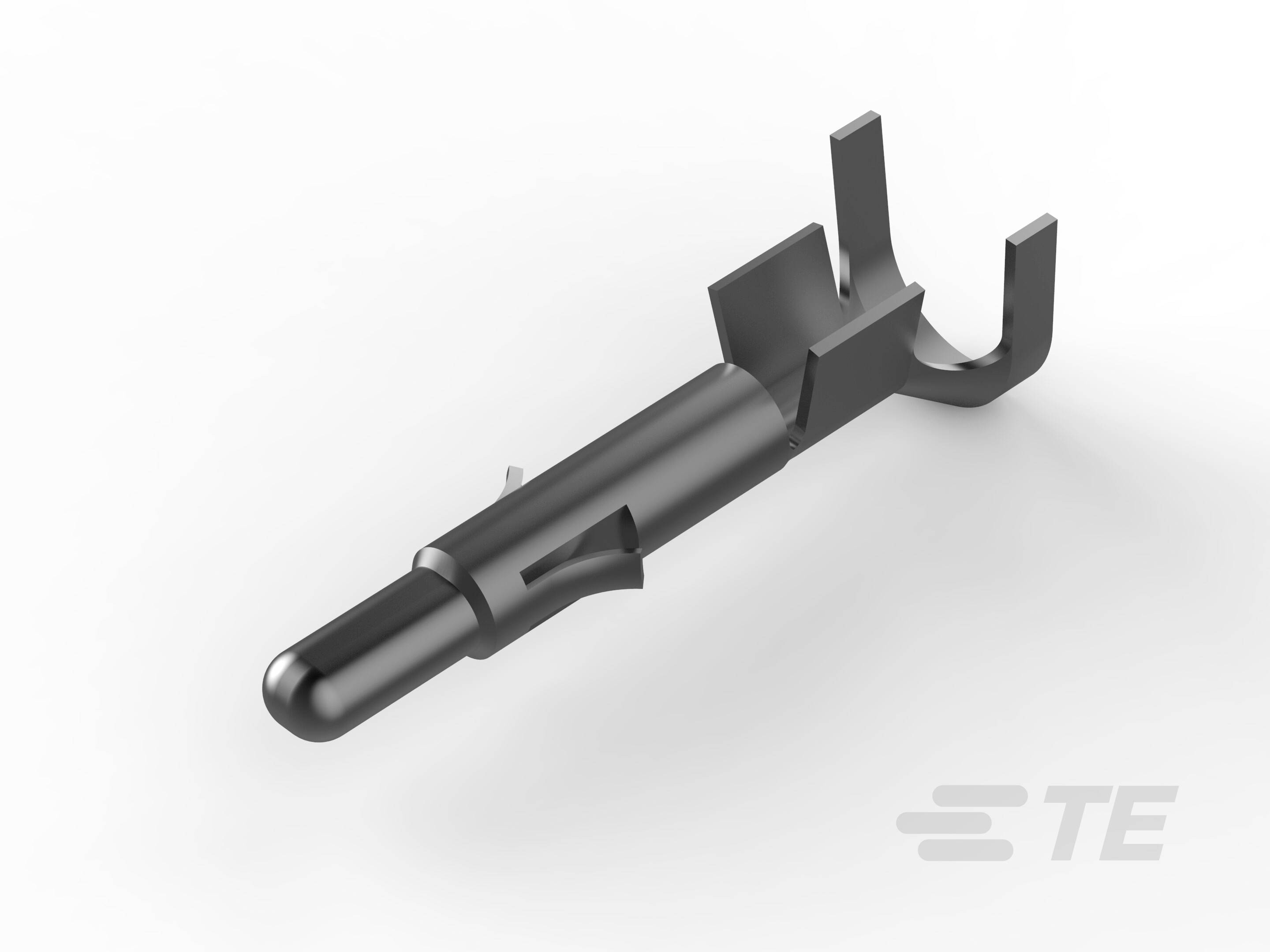 Le contact de connecteur est en métal, présente une forme cylindrique avec une structure de fourche à l'extrémité, et provient de TE Connectivity.