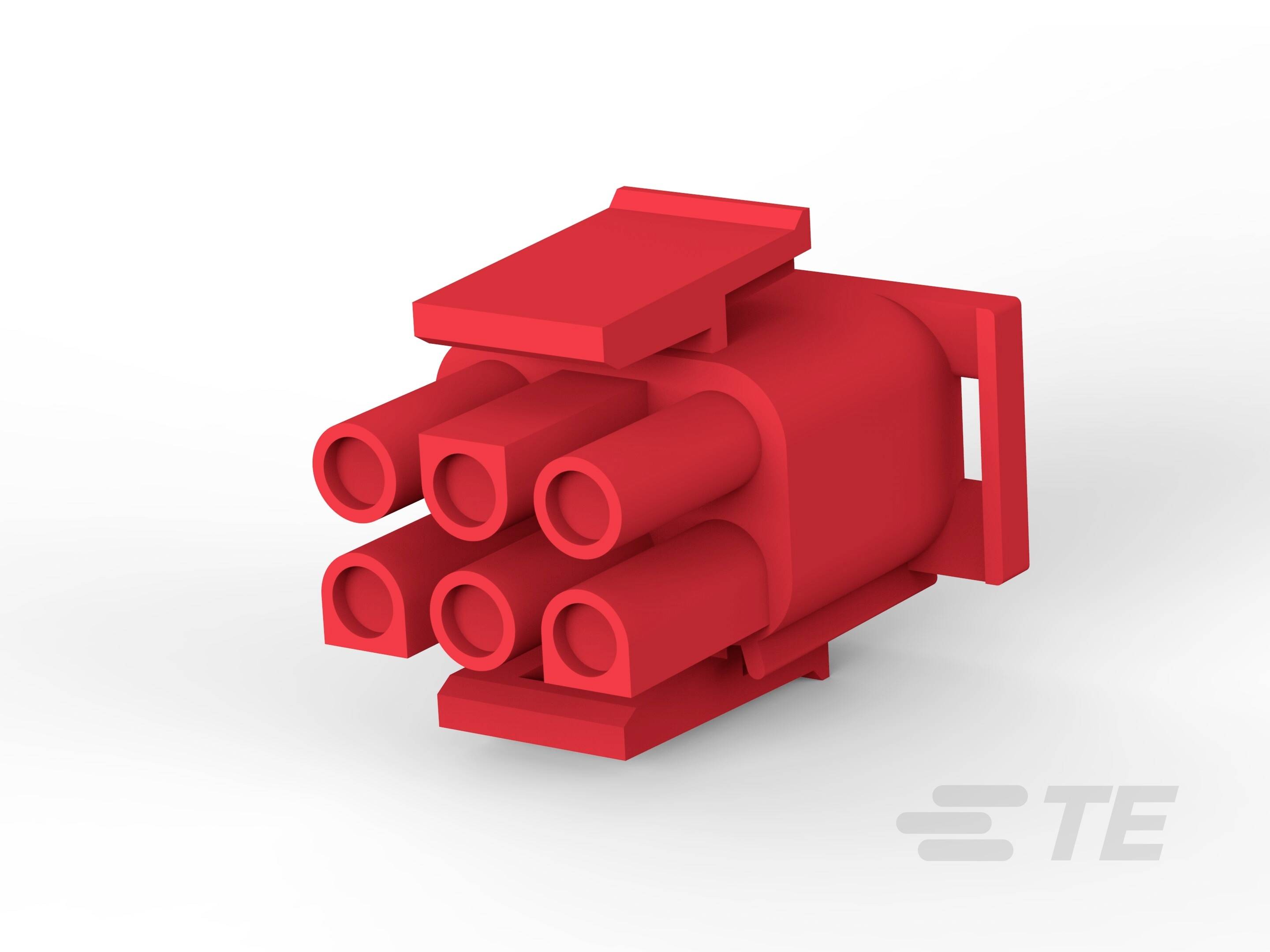 Connecteur rouge à six ouvertures, adapté pour les connexions électriques, sur un fond blanc. Logo de la marque 'TE' en bas à droite.