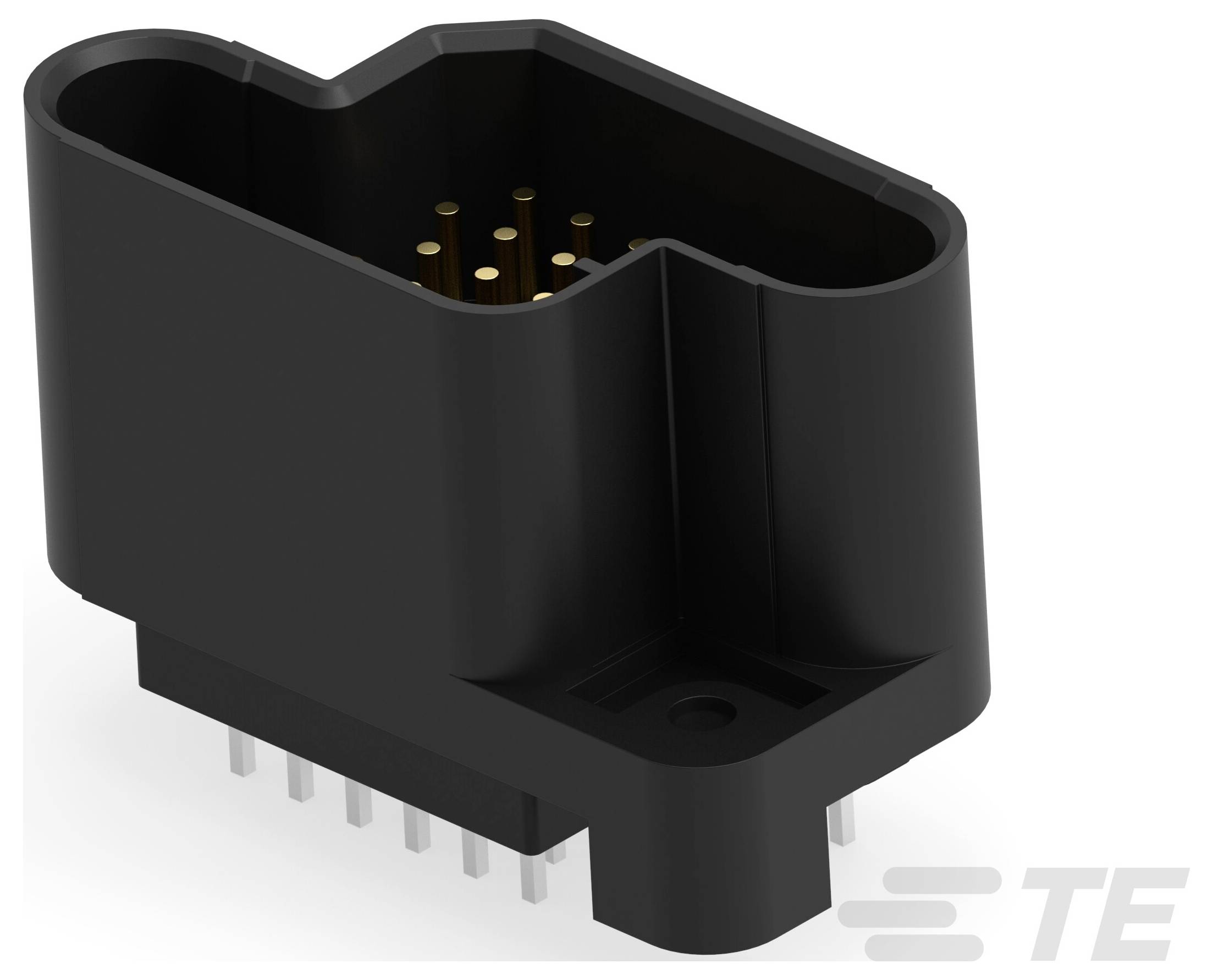 Un connecteur électrique noir avec plusieurs broches dorées, conçu pour les systèmes électroniques complexes.
