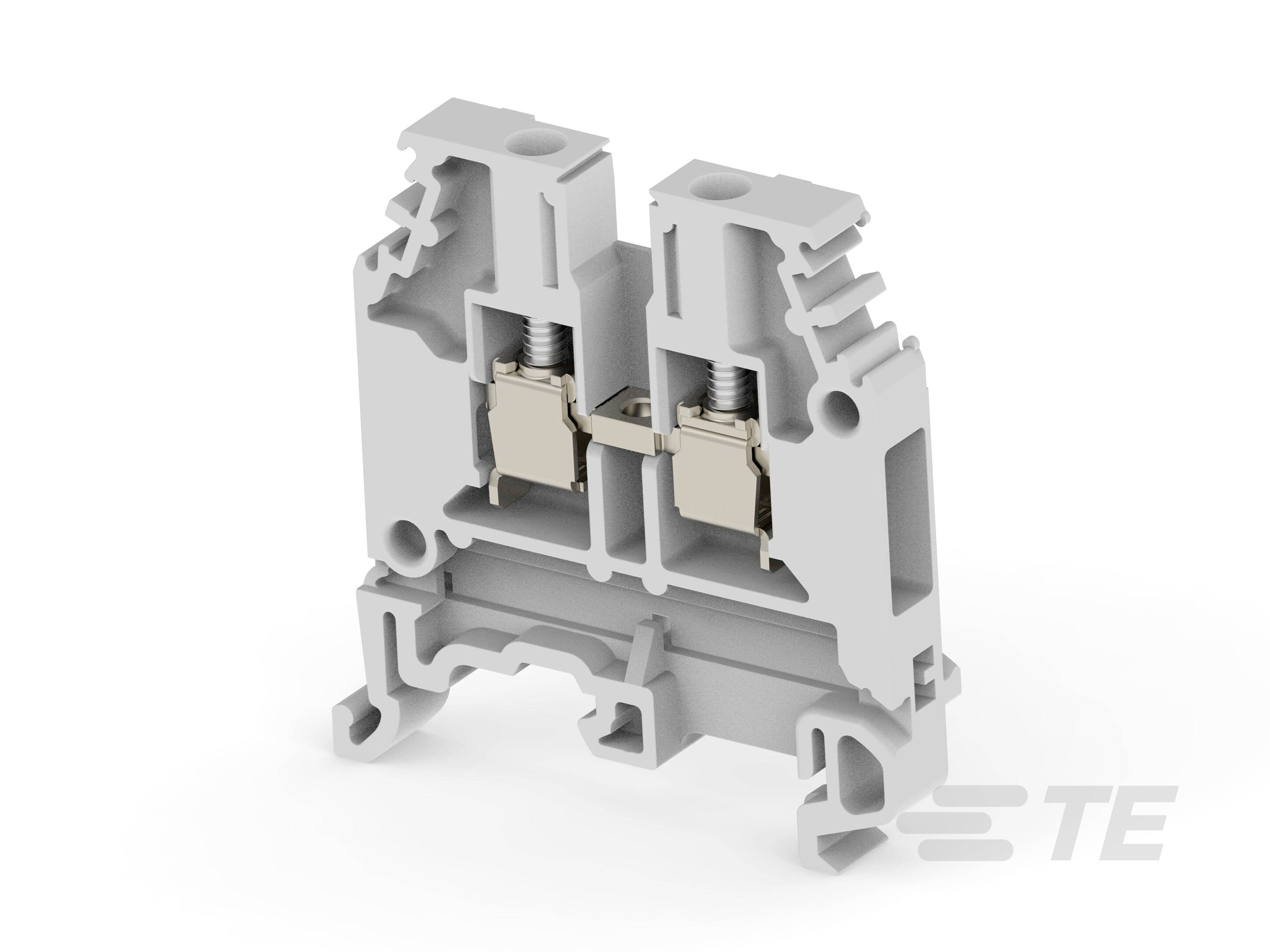 Pièce de connexion électrique grise avec vis de fixation, utilisée pour raccorder des câbles dans les armoires électriques.