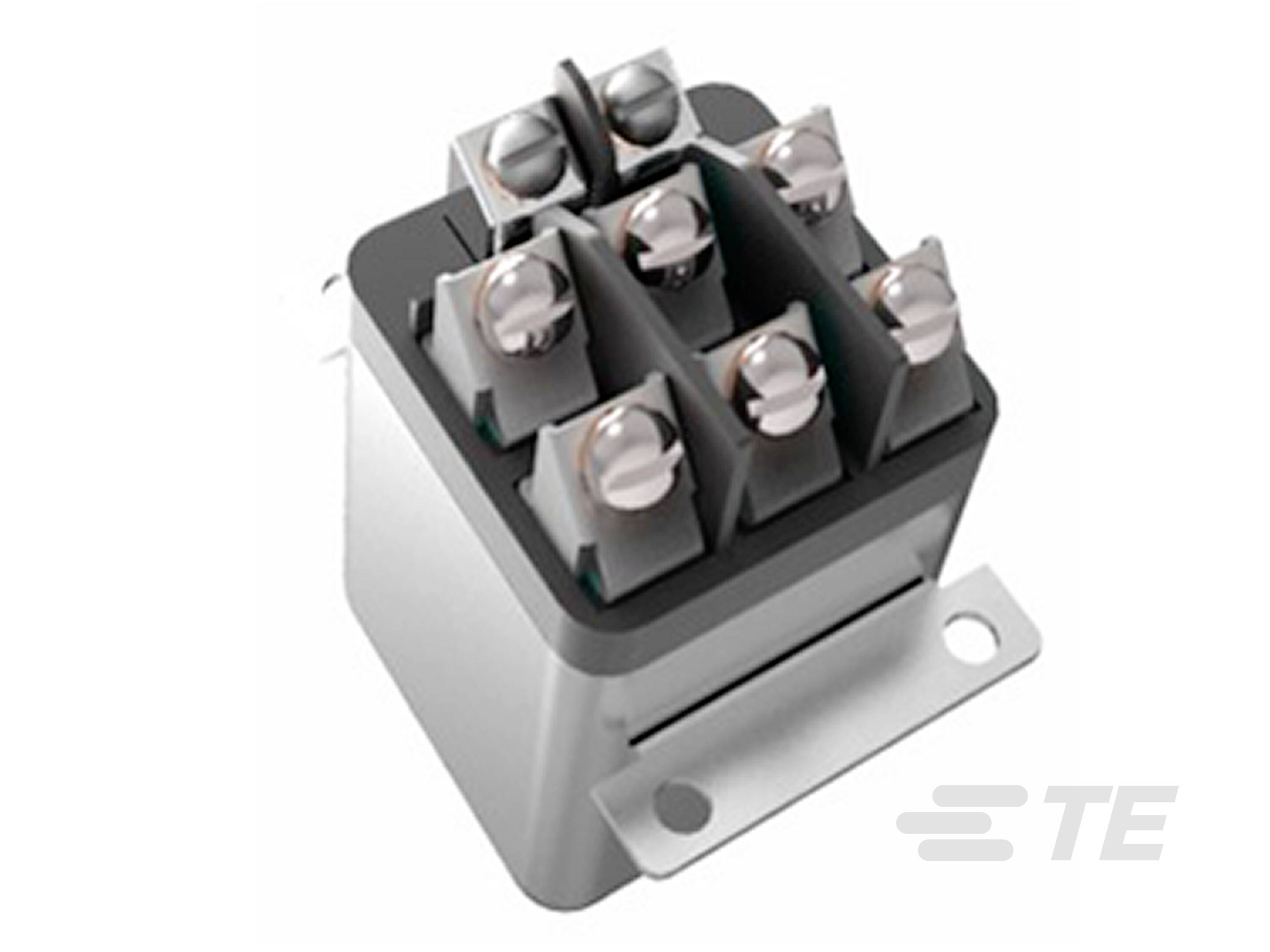 Un relais avec une structure de connexion à six pôles, adapté aux circuits électriques industriels, illustré sur un fond blanc.