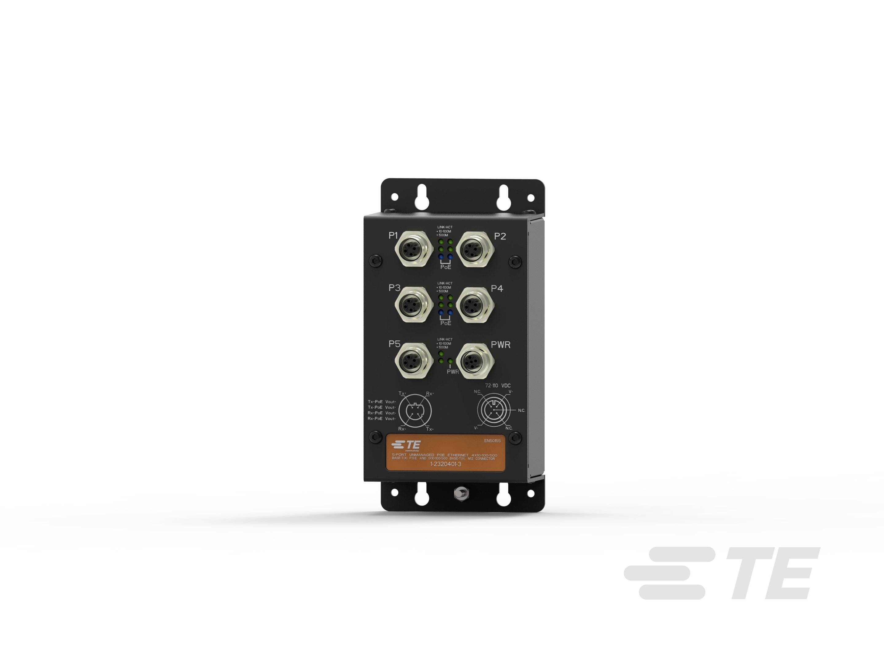 Un appareil électrique noir avec deux rangées de trois connecteurs et un marquage orange dans la partie inférieure.