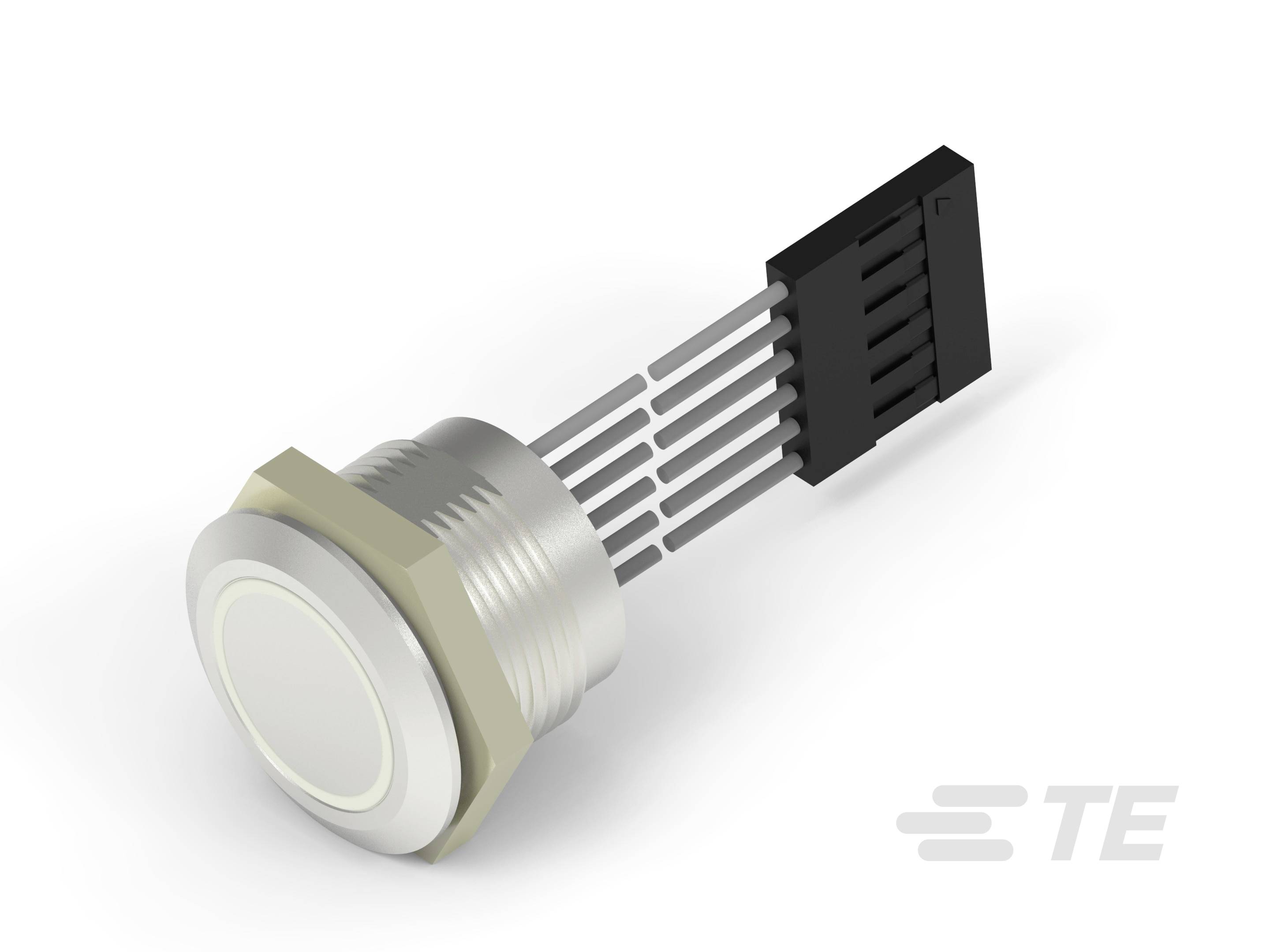 Illustration d'un interrupteur à bouton-poussoir circulaire en argent avec plusieurs bornes et une fiche de connexion noire.