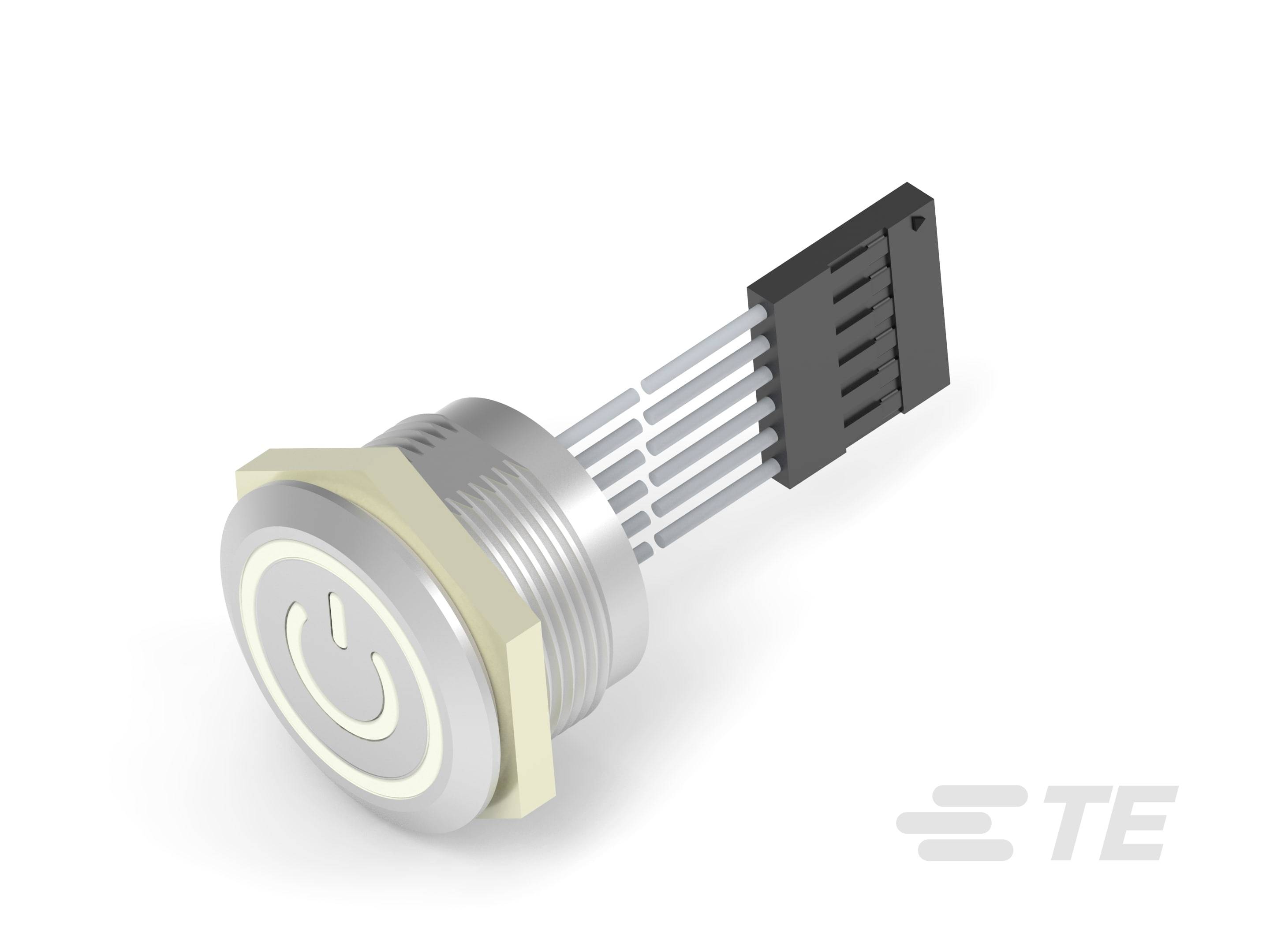 Module de commutateur métallique rond avec quatre fils de connexion, vue latérale. Le commutateur contient un symbole de mise sous tension.