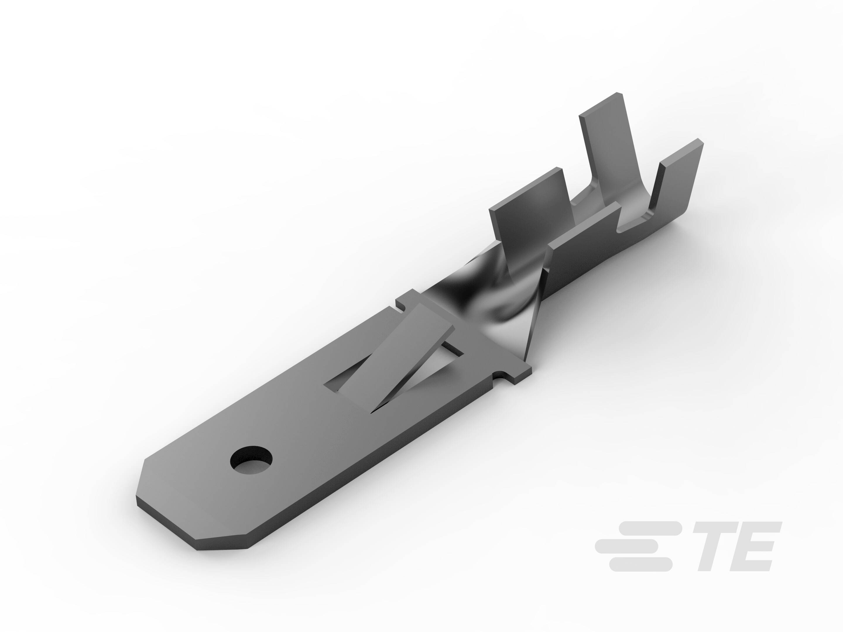 Connexion métallique en gros plan, de couleur argent, avec le logo TE. La représentation du connecteur montre un élément de design détaillé.