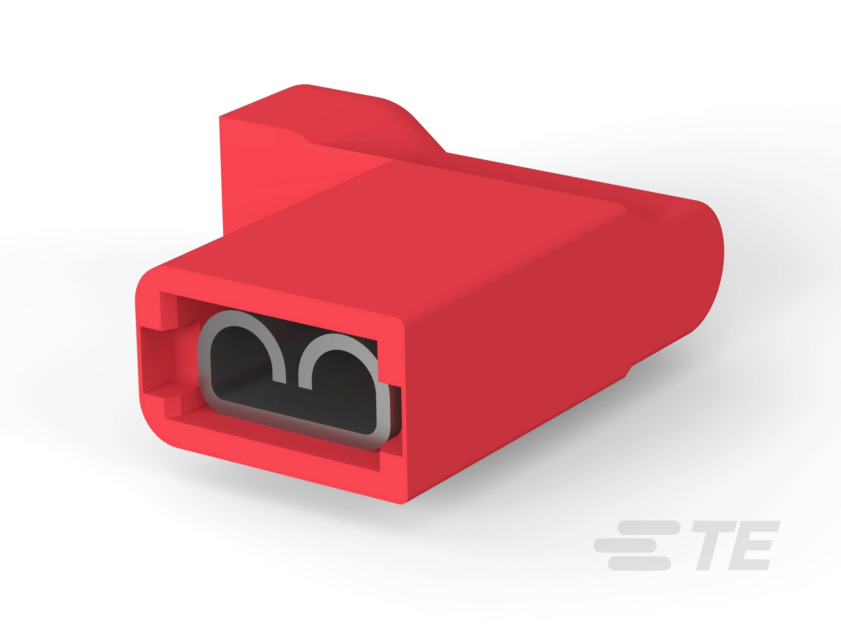 Boîtier de connecteur rouge à deux broches, vue latérale. Adapté aux connexions électriques, notamment dans l'industrie automobile.
