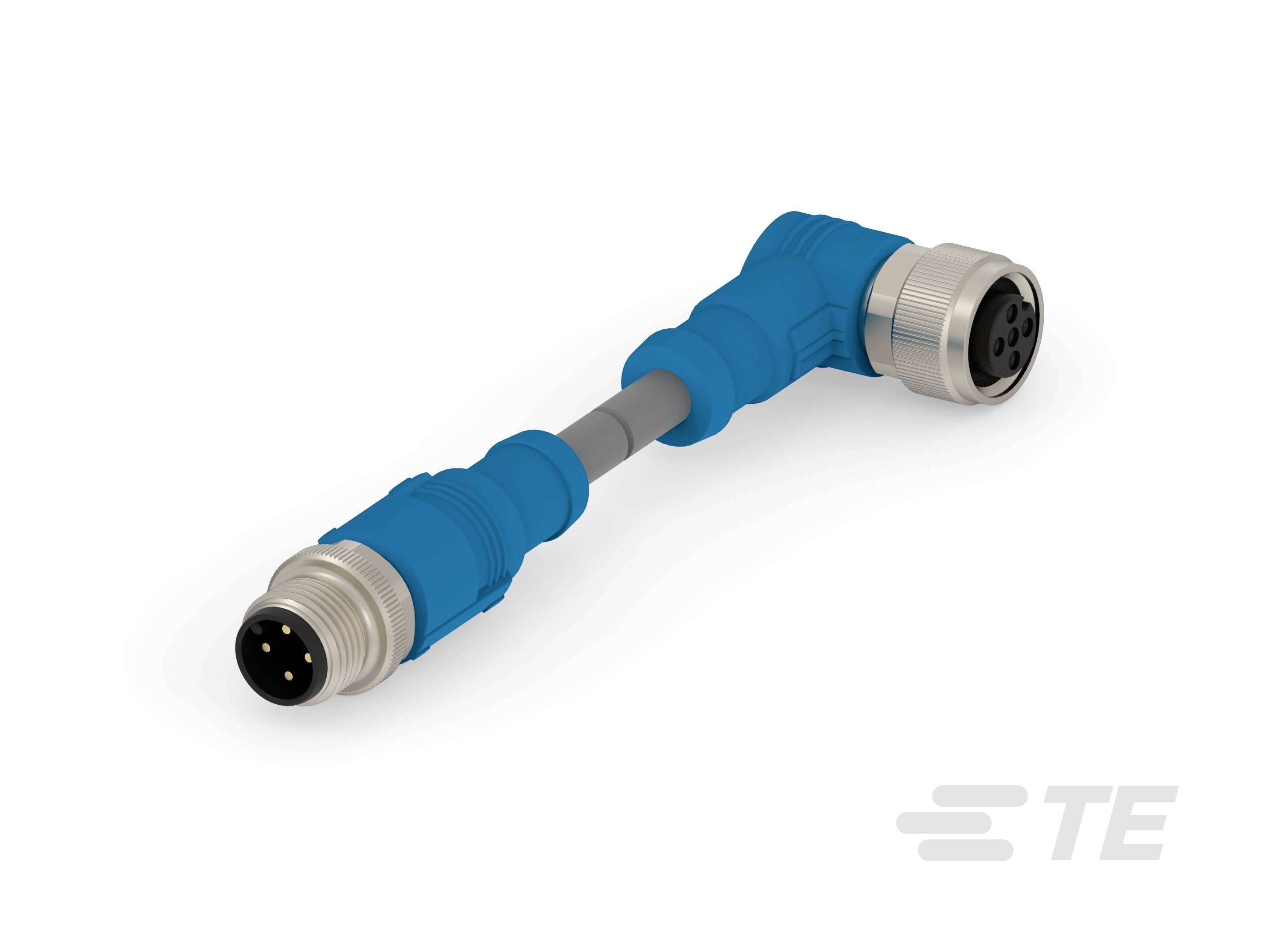 'Connecteur Blauer M12 avec adaptateur coudé et 4 broches métalliques, adapté aux applications industrielles.'