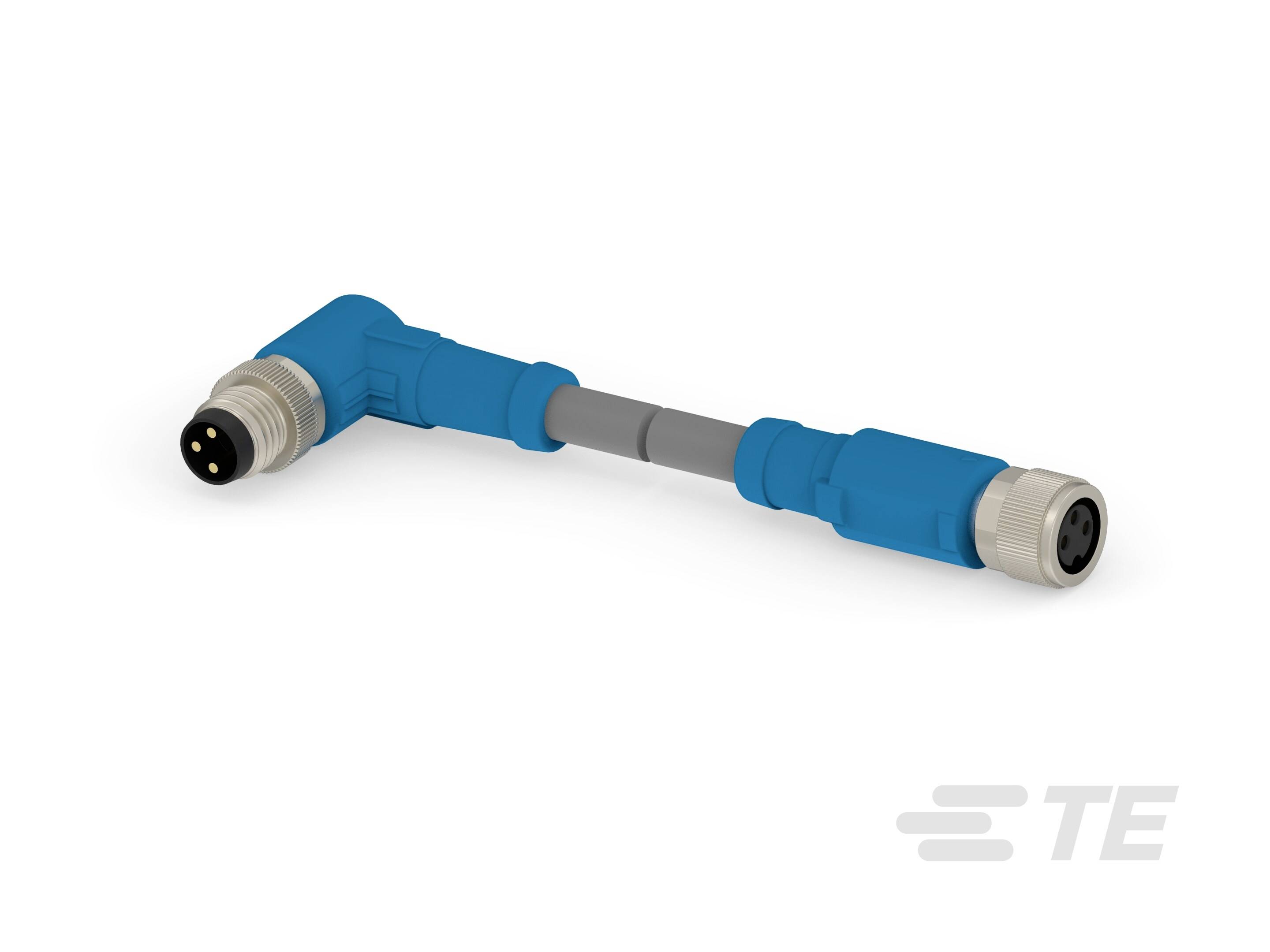 Un câble M12 bleu à angle droit, muni de connecteurs aux deux extrémités, adapté aux applications industrielles.