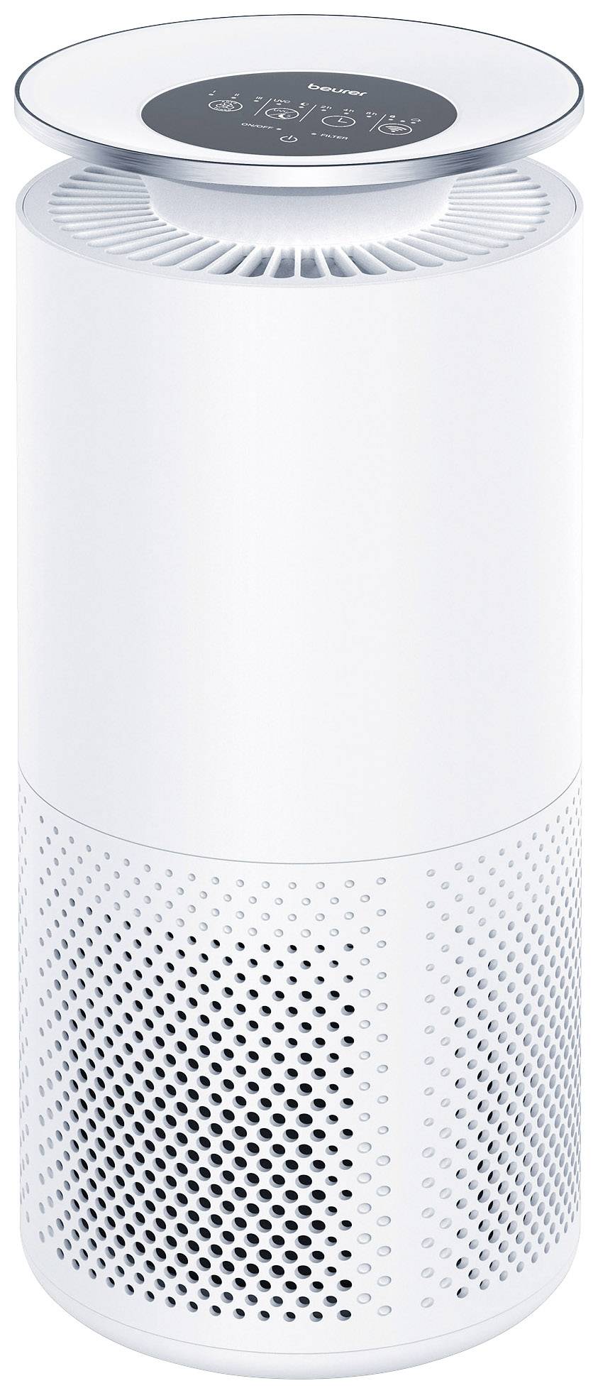 Un purificateur d'air blanc au design cylindrique, doté d'un affichage numérique en haut qui montre différents symboles et informations.