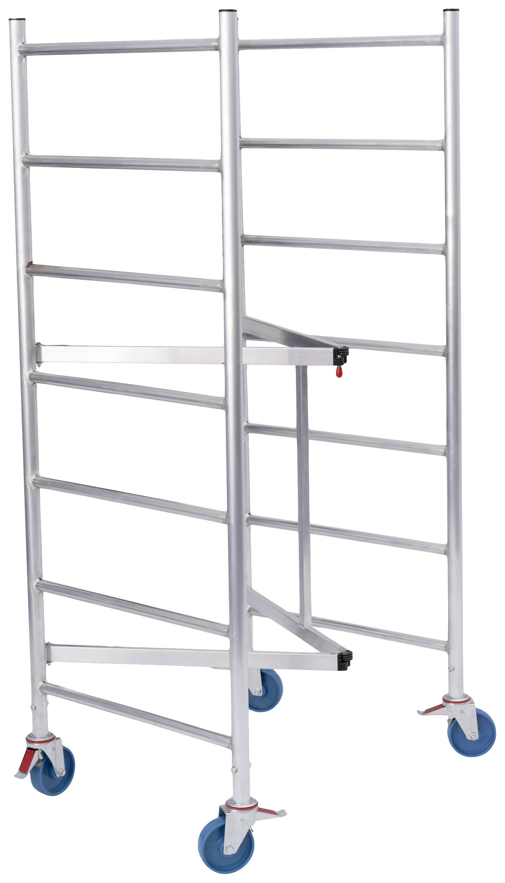 Un échafaudage pliable en aluminium avec des roulettes bleues pour un transport facile. Adapté aux travaux en hauteur limitée avec une construction stable.
