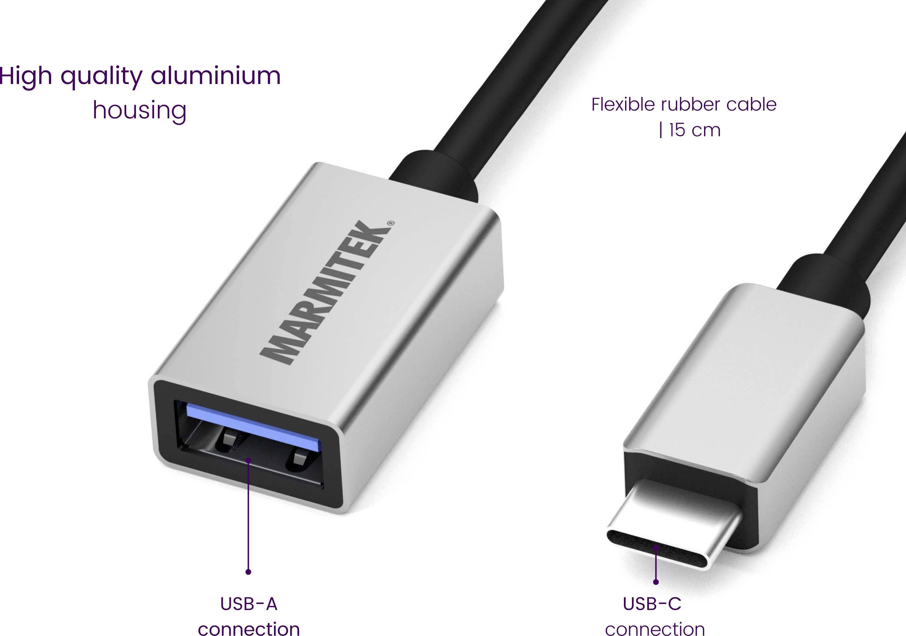 Câble USB de Marmitek avec boîtier en aluminium de haute qualité. À gauche : connecteur USB-A, à droite : connecteur USB-C. Câble en caoutchouc flexible de 15 cm de long.