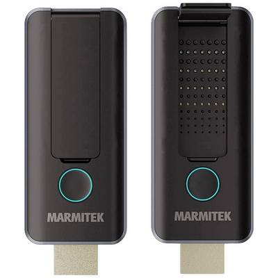 Deux dongles HDMI noirs Marmitek avec des boutons ronds et des indicateurs à anneau LED, l'un avec sa connexion couverte, l'autre avec sa connexion exposée.