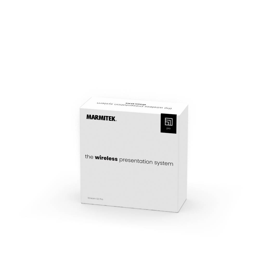 Un emballage blanc portant l'inscription 'the wireless presentation system' et la marque Marmitek.