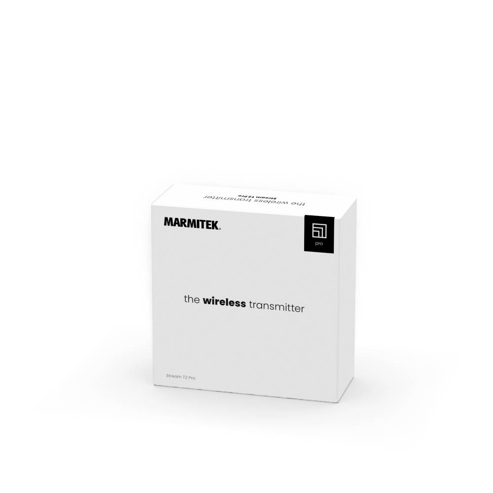 Un emballage blanc portant l'inscription 'Marmitek the wireless transmitter'. Contient probablement un transmetteur sans fil.