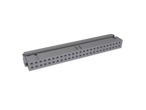 Un connecteur électrique gris avec plusieurs broches rectangulaires, vue de côté.