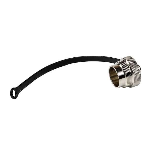Un adaptateur en métal argenté au bord strié, avec une boucle de fixation en plastique noir pour le couvercle, sur un fond blanc.