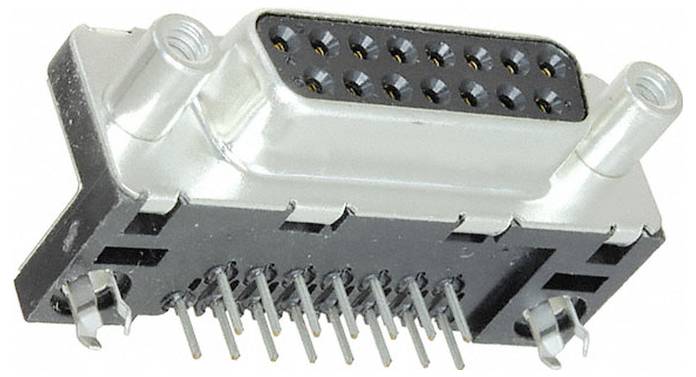 Un connecteur D-Sub femelle 15 broches argent et noir, couramment utilisé dans les équipements vidéo et de mise en réseau, avec des broches de soudage visibles.