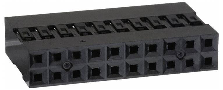 Un connecteur électrique rectangulaire noir avec deux rangées de trous carrés, utilisé pour interfacer les câbles ou les circuits dans les appareils électroniques.