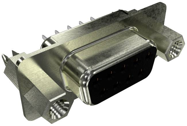 Un connecteur D-Sub métallique à neuf broches, utilisé pour relier des dispositifs électroniques, vu en perspective.
