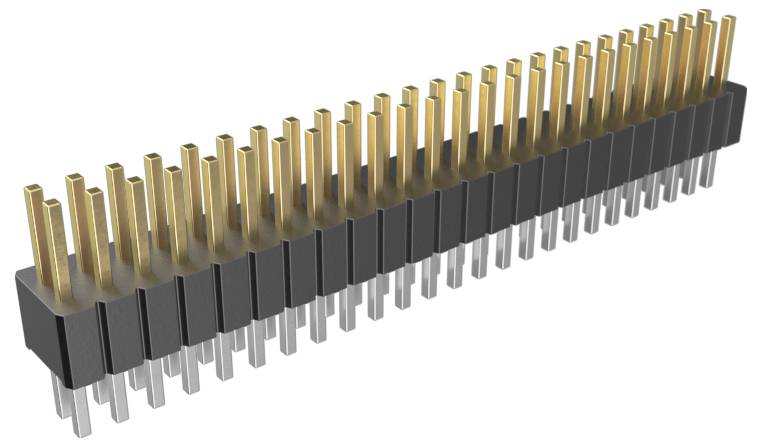 Un connecteur à deux rangées de broches avec des broches plaquées or sur le dessus et des broches plaquées argent sur le dessous, utilisé pour les connexions de circuits électroniques.