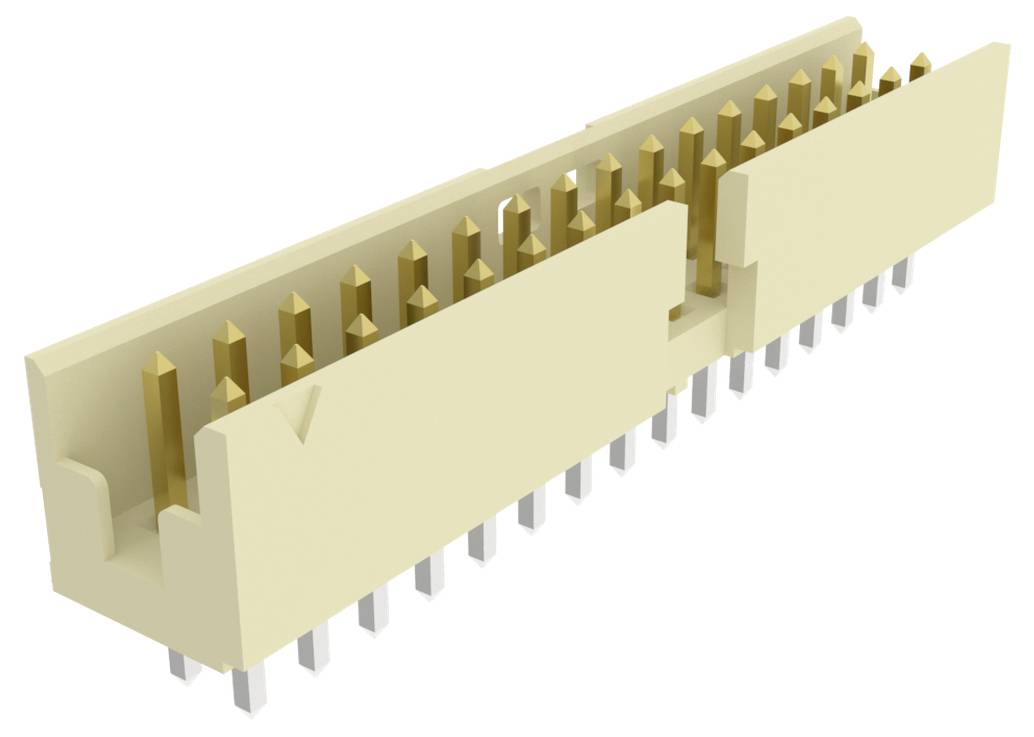 Une vue rapprochée d'un connecteur électronique beige de forme rectangulaire avec plusieurs broches dorées et des contacts argentés, utilisé pour les connexions de circuits imprimés.