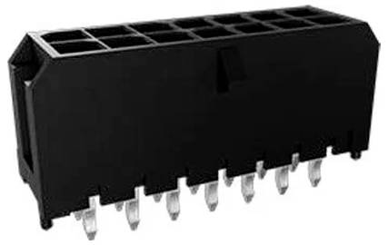 Un connecteur électrique rectangulaire en plastique noir avec huit broches métalliques d'un côté.