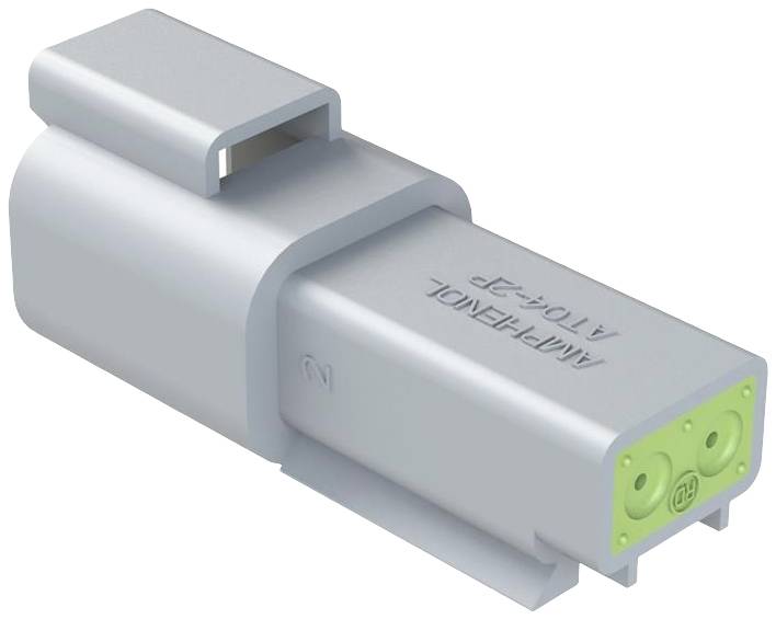 Module de connecteur électrique gris de forme rectangulaire, avec un clip latéral et deux emplacements verts sur la face avant.