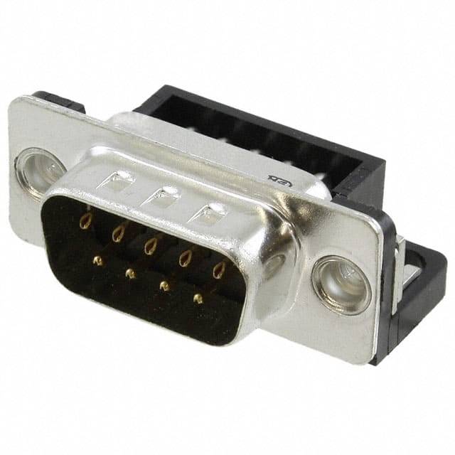 'Connecteur DB9, mâle' : Un connecteur rectangulaire avec neuf broches dorées disposées en deux rangées, intégré dans un boîtier métallique rectangulaire.
