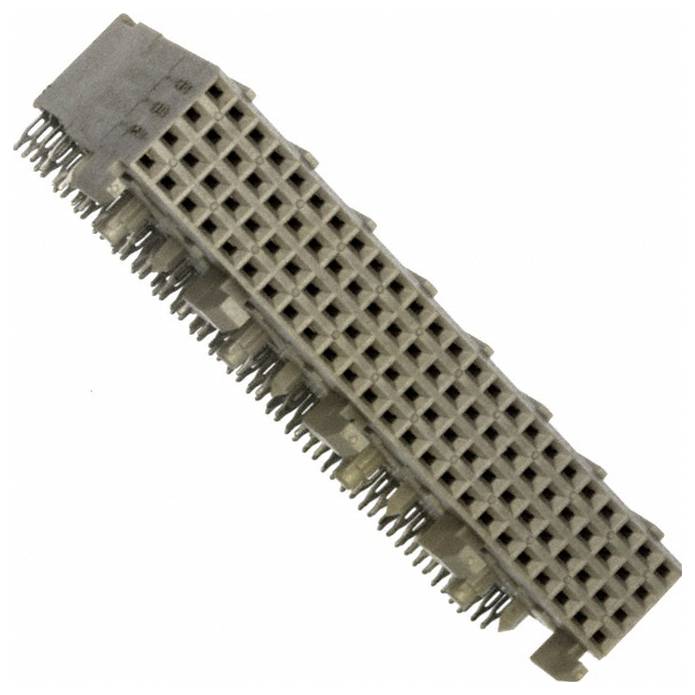 'Un connecteur électrique métallique avec plusieurs broches disposées en rangée, vu sous un angle, utilisé pour connecter des composants électroniques.'