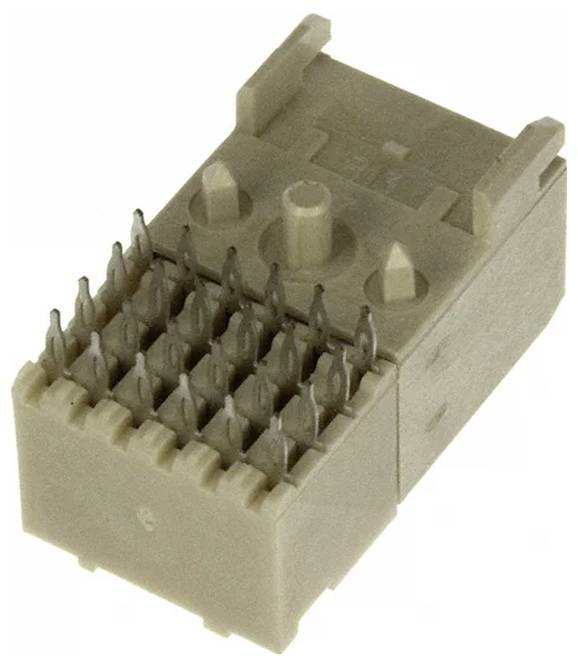 Un petit connecteur électronique rectangulaire avec plusieurs broches métalliques disposées en rangées, utilisé pour relier les composants de circuits.