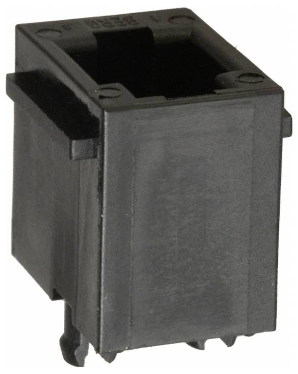 Un boîtier rectangulaire en plastique noir pour un composant électrique, présentant un centre creux et des clips de montage sur le fond.