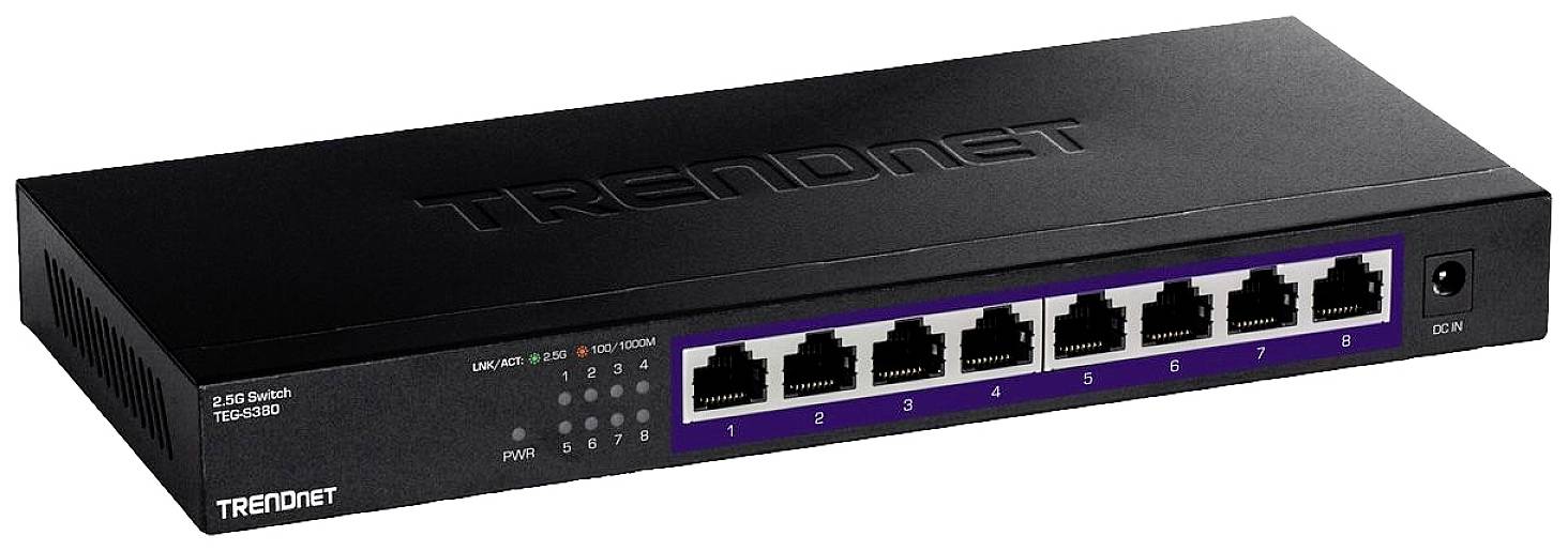 Un commutateur réseau noir TRENDnet avec huit ports Ethernet, nommé 'TEG-S80G', montre ses connexions et indicateurs LED à l'avant.