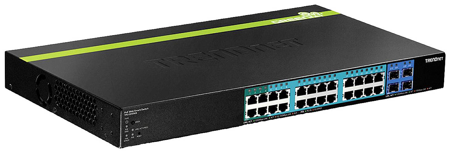 Un switch réseau noir avec plusieurs ports Ethernet sur le devant. Adapté aux réseaux de bureaux ou domestiques.