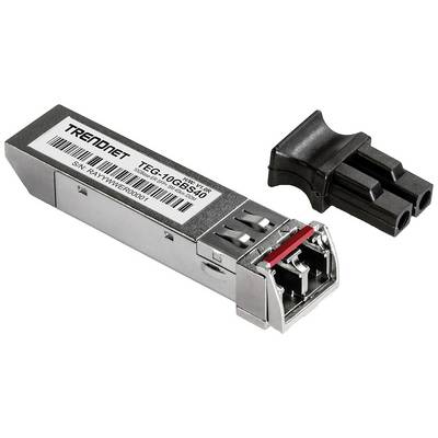 Un module SFP+ (TEG-10GBS40) de TRENDnet pour connexion fibre optique, représenté avec un connecteur compatible.