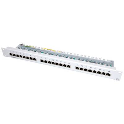 Panneau de brassage à 24 ports RJ45 pour câblage réseau. Les câbles sont connectés en haut, numérotés de 1 à 24.