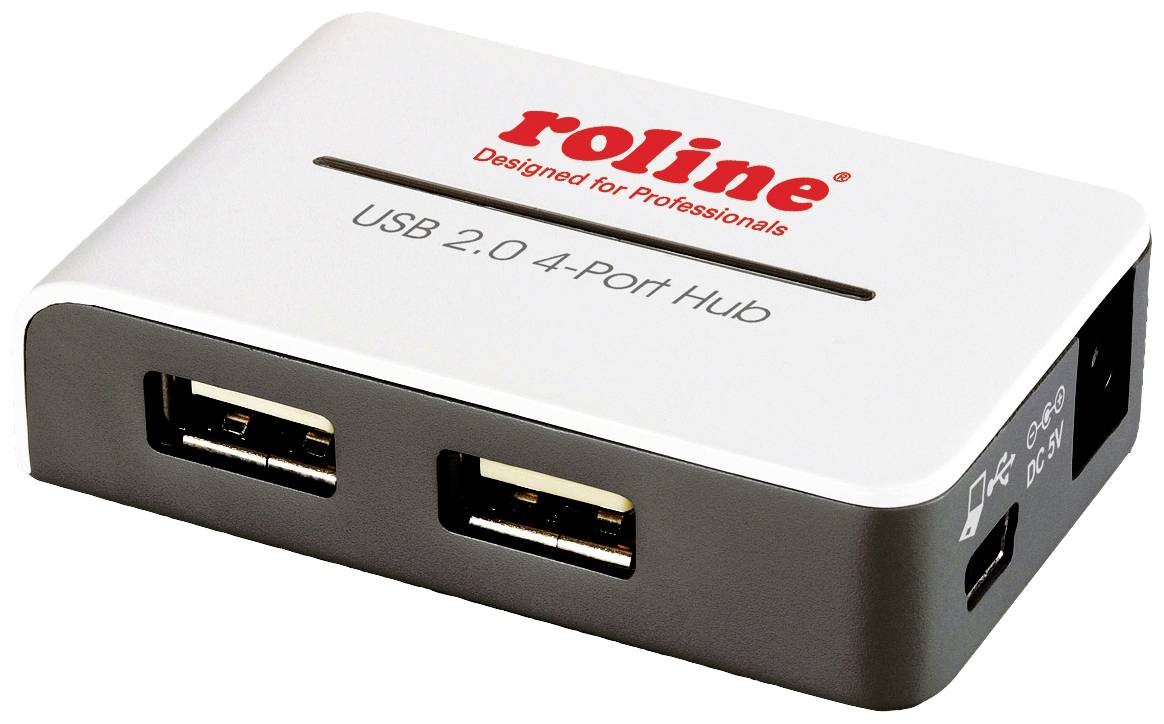 Hub USB 2.0 à 4 ports, boîtier argenté, inscription rouge 'Designed for Professionals', deux ports USB visibles.
