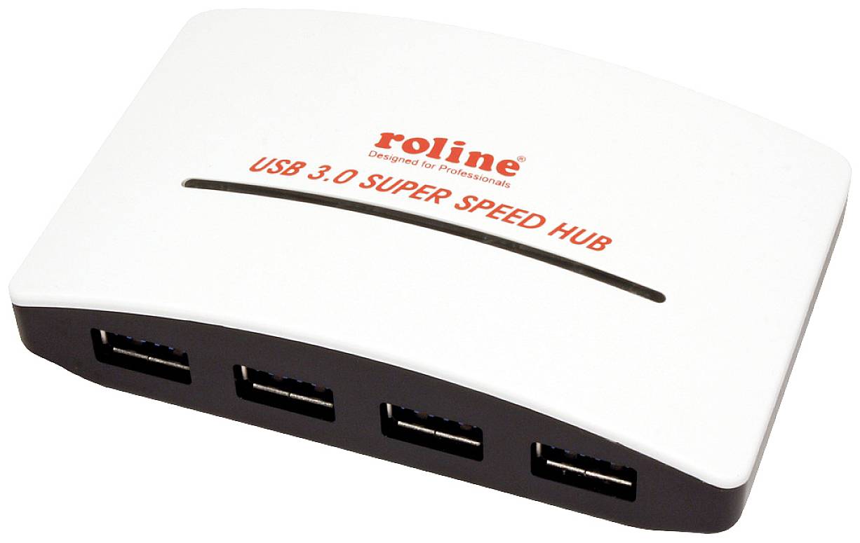 Un hub USB 3.0 Super Speed blanc avec quatre ports USB à l'avant, le nom de la marque sur le dessus.