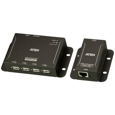 Deux unités d'extension USB 2.0 noires d'ATEN, l'une étiquetée comme « UNITÉ DISTANTE » avec trois ports USB, l'autre comme « UNITÉ LOCALE ».
