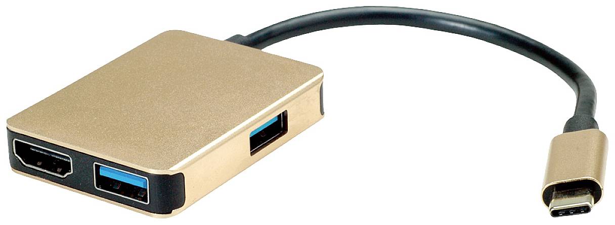 Adaptateur USB-C avec deux ports HDMI et un port USB de couleur dorée. Connecte différents appareils pour la lecture vidéo.